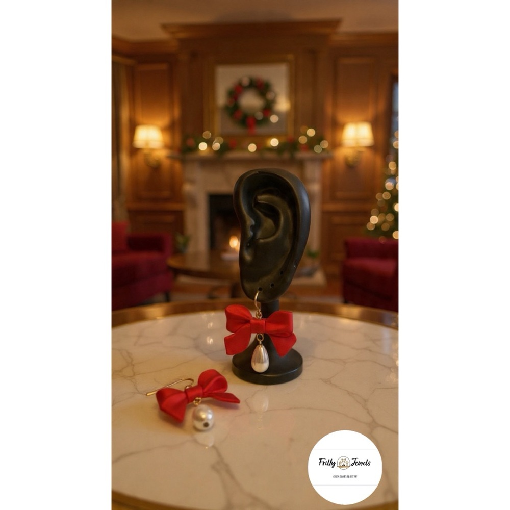 Festive Red Bow and Silver Ornament Earrings